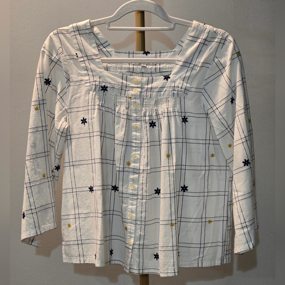 Madewell White Blouse with Navy and Gold Accents